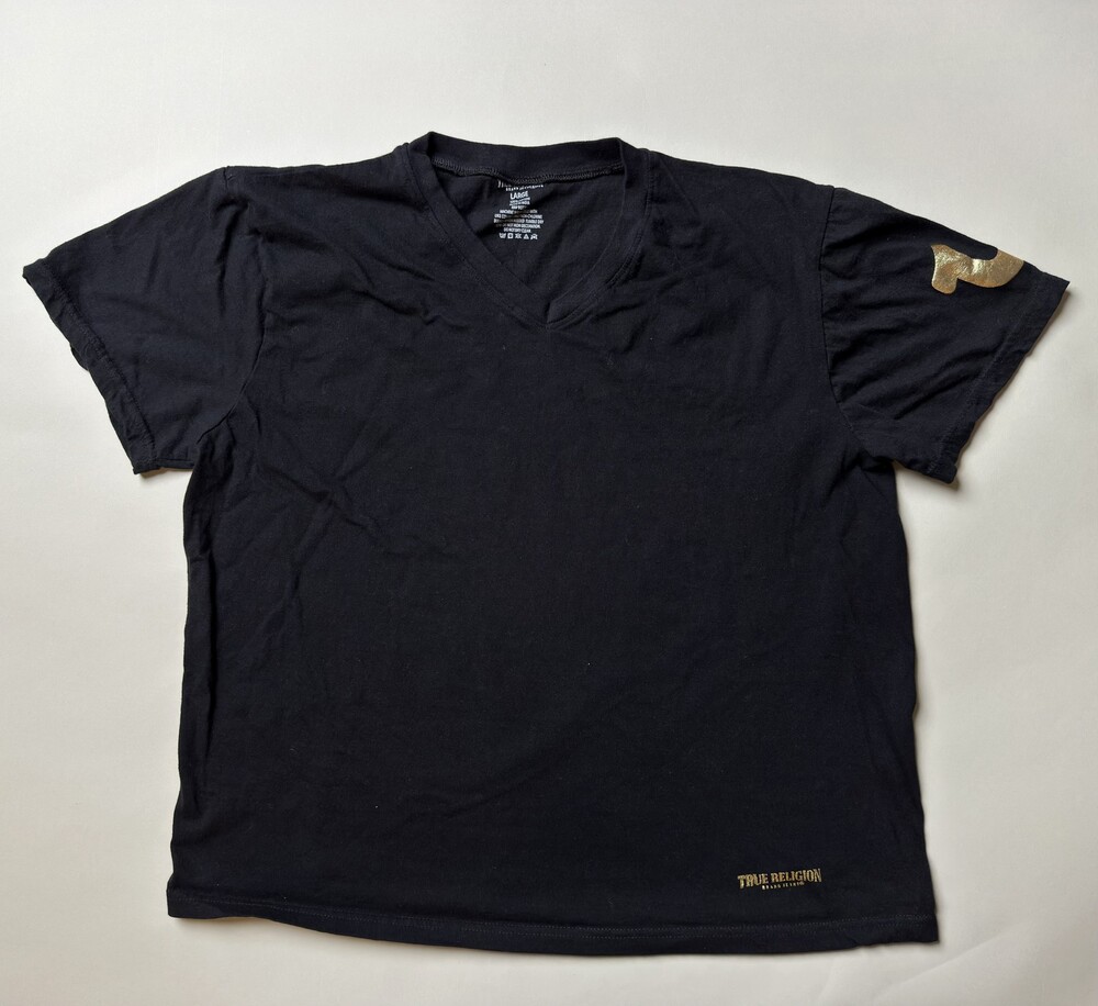 True Religion Shirt Mens Large Black Gold Logo Short Sleeve V Neck Tee Cotton